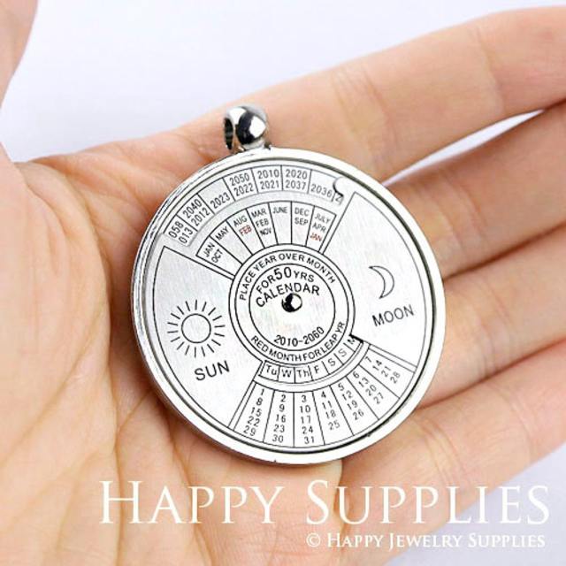 1/3pc 43mm 50 Year Perpetual Calendar Pendant, Silver, Really WORKS, Nautical, Vintage Jewelry Supplies (DT006)