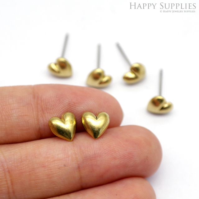 Heart Stud Earrings - Raw Brass Love Stud - Stainless Steel Earring Posts - Ear Studs - Jewelry Supplies for Earrings (NZG367)