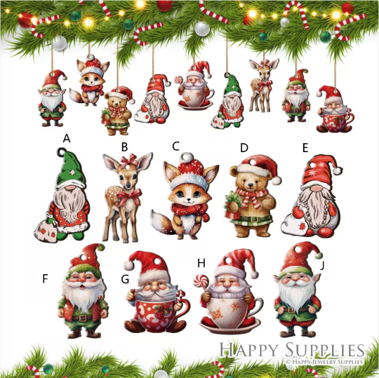 Christmas Tree Decor, Halloween Ornament, Father Christmas Act Various Charms, Handmade Laser Cut Wood Christmas Pendants, Earrings (CW919)