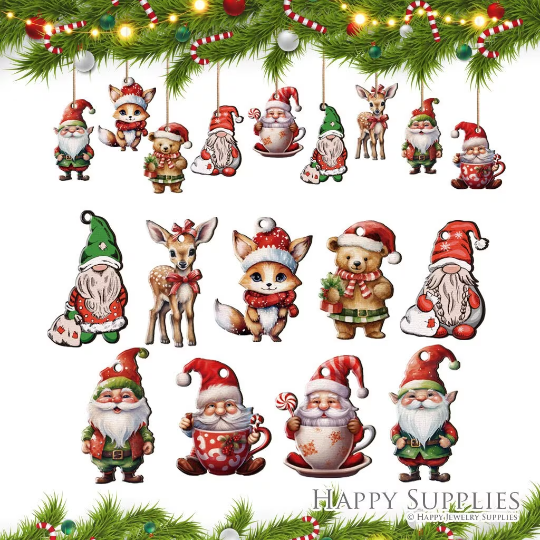 Christmas Tree Decor, Halloween Ornament, Father Christmas Act Various Charms, Handmade Laser Cut Wood Christmas Pendants, Earrings (CW919)