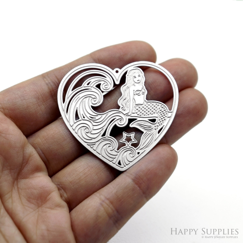 Corroded Stainless Steel Charm, Mermaid Heart Brass Charms, Earring Charms, Etched Silver Jewelry Pendants, Etched Brass Jewelry Findings, Jewelry Wholesale (SSB1210)