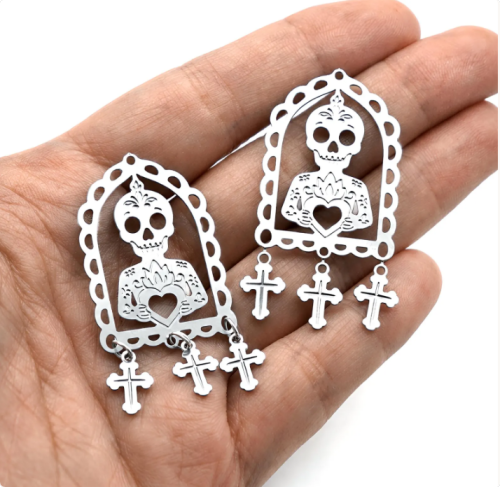 8pcs(1set) Day of the Dead Skeleton Charms, Mexican Sacred Heart Charms, Etched Stainless Steel Pendants, Gothic Earring Findings (SSB1260)