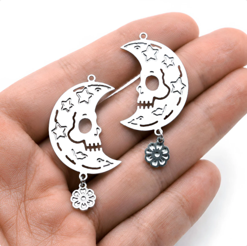4pcs(1set) Skull Crescent Moon Charms, Day of the Dead Jewelry, Etched Stainless Steel Pendants, Gothic Celestial Findings (SSB1262)