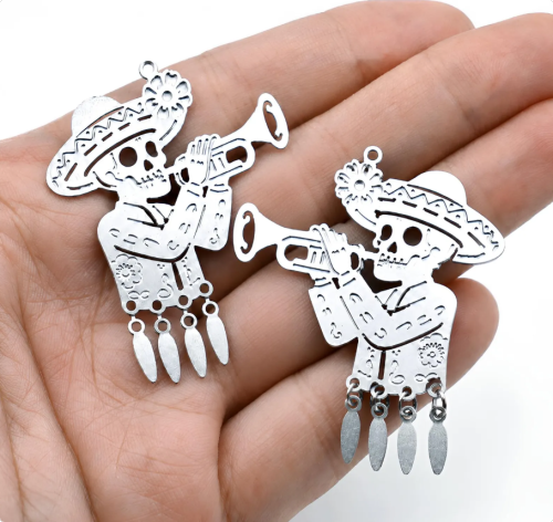 10pcs(1set) Day of the Dead Mariachi Charms, Mexican Skeleton Musician, Etched Stainless Steel Pendants, Trumpet Earring Findings (SSB1263)
