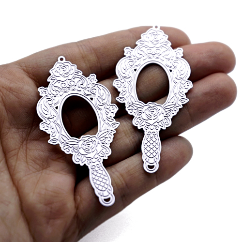 Rose Hand Mirror Stainless Steel Charms, Victorian Floral Earring Findings, Jewelry Making Supplies (SSB1271)