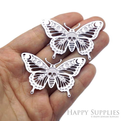 Skull Moth Charms, Etched Stainless Steel Pendants, Gothic Butterfly Jewelry Supplies, Halloween Insect Findings (SSB1280)