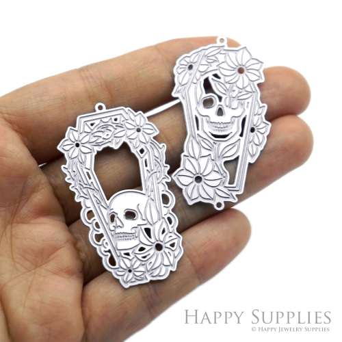 Floral Skull Coffin Charms, Etched Stainless Steel Pendants, Gothic Halloween Jewelry Supplies, Skeleton Flower Findings (SSB1278)