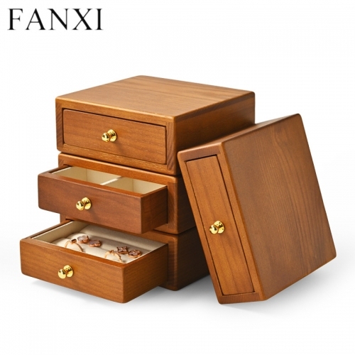 Wooden jewelry organizer storage case with cream microfiber inside