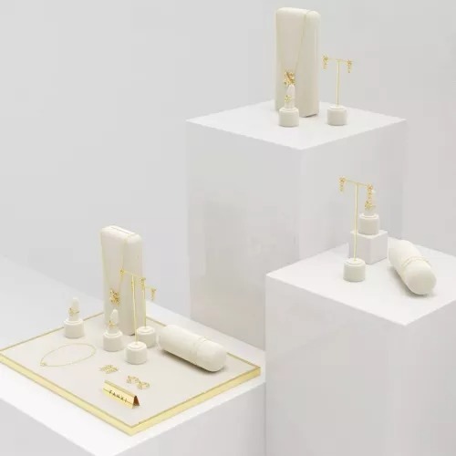 FANXI luxury metal frame jewelry display set with beige microfiber