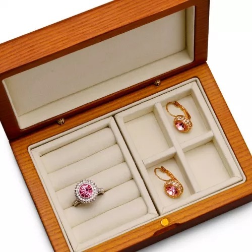Solid wood jewellery organizer box case with cream gray microfiber inside for ring earring pendant