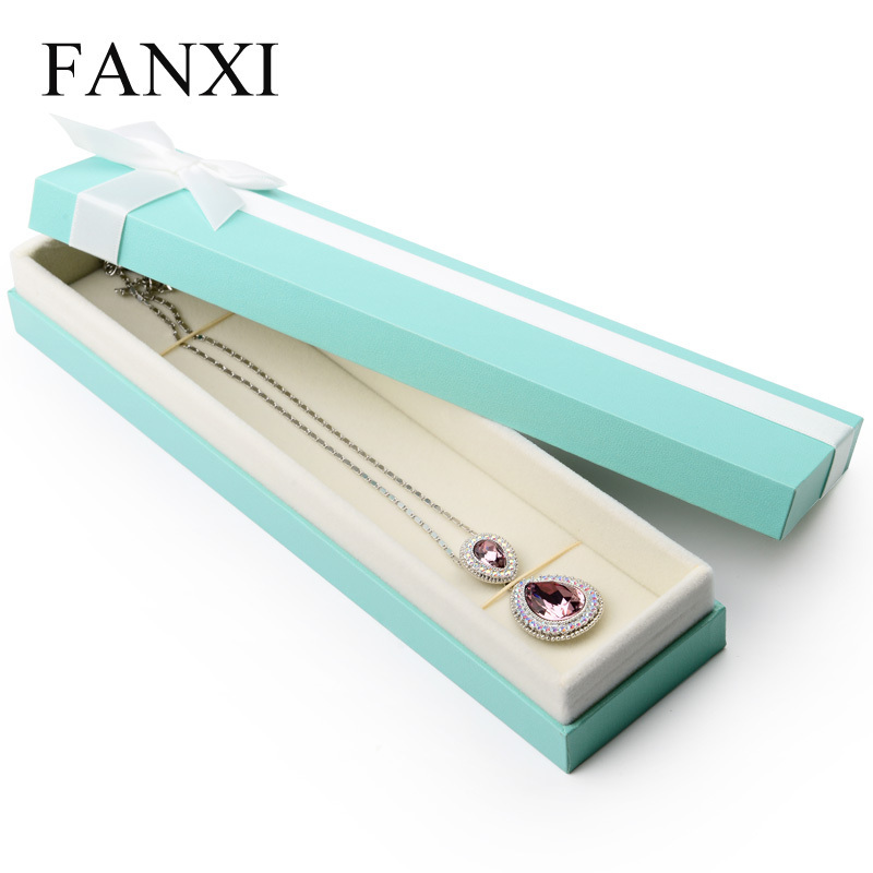 FANXI Custom Green Fancy Leatherette Paper Jewelry Boxes With Beige Velvet Insert And White Ribbon Plastic Packaging Jewellery Box