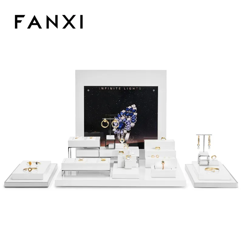 FANXI factory white PU leather jewelry display with metal frame