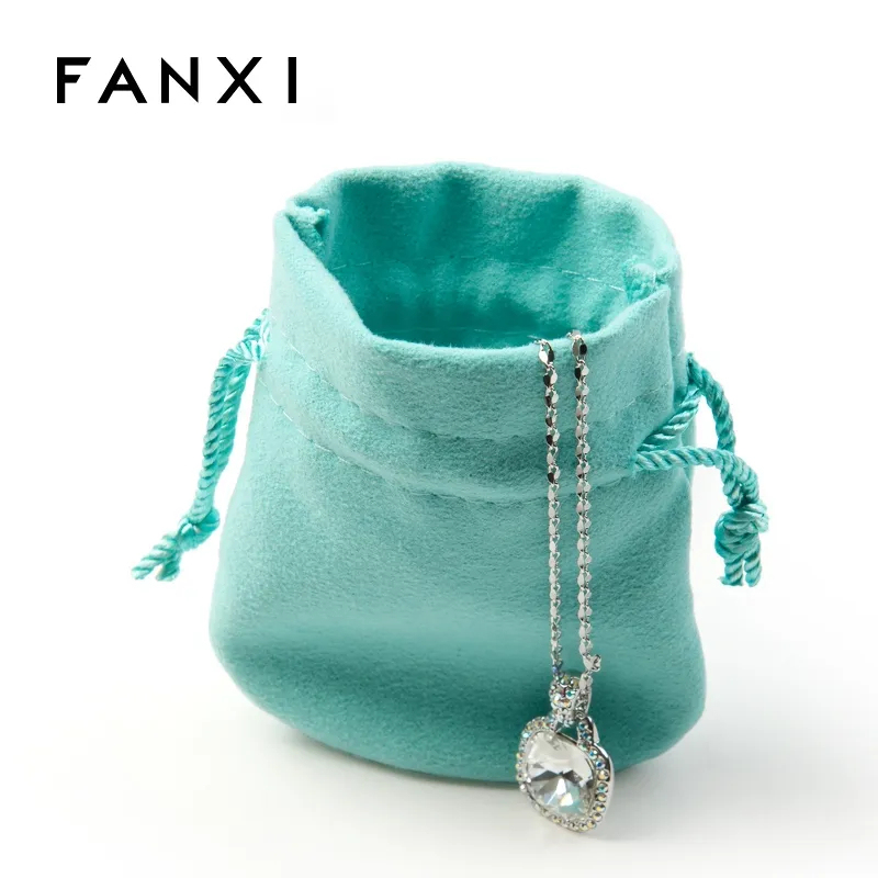 FANXI Custom Logo Jewelry Pouches For Ring Necklace Bangle Bracelet Packing Double-face Blue Microfiber Pouch Bag