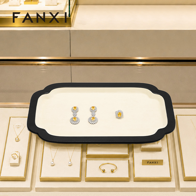 FANXI Luxury Beige PU Leather Velvet Jewelry Plate
