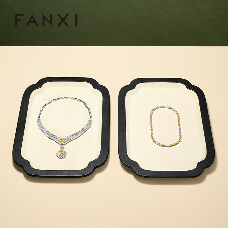 FANXI Luxury Beige PU Leather Velvet Jewelry Plate