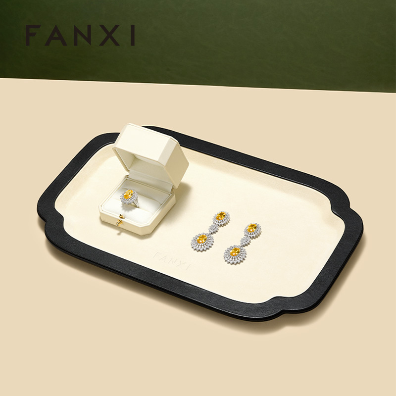FANXI Luxury Beige PU Leather Velvet Jewelry Plate