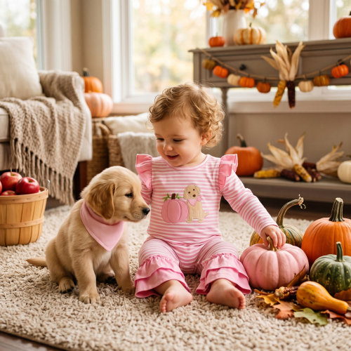 LR3140 Baby Pink pumpkin puppy embroidery stripe Long sleeve Rompers