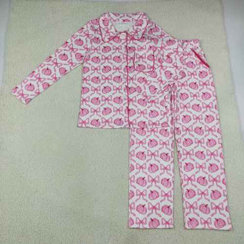 GLP3423 ADULT WOMEN Pink bows pumpkin print long sleeve pajamas