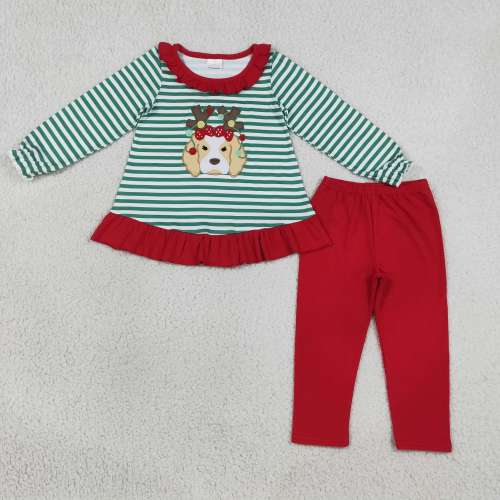 GLP3494 Green Stripe deer embroidery long sleeve girl outfits
