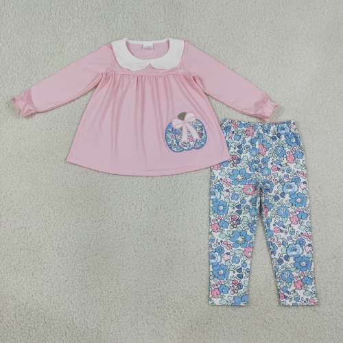 GLP3319 Pink floral pumpkin embroidery long sleeve girl outfits