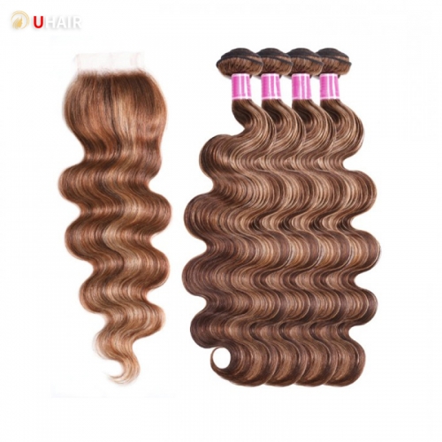 UHAIR Honey Blonde Curly Hair Piano Highlights Hair Body Wave 4 Bundles With Closure Wig