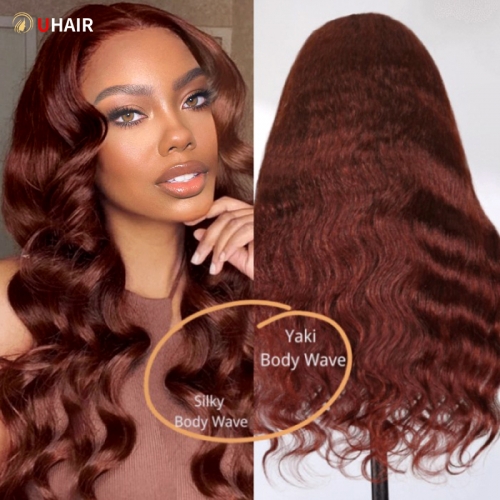 UHAIR Yaki Body Wave Hair Styles 13x4 Lace Front Reddish Brown Wig Virgin Hair Wigs