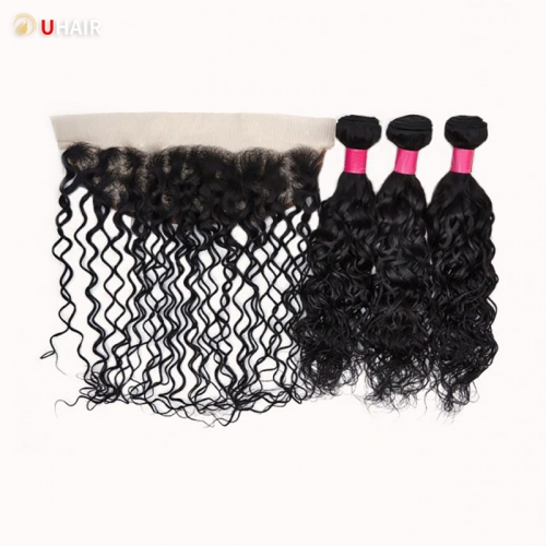 UHAIR Water Wave 3 Bundles with13x4 Free Part Lace Frontal Brazilian Virgin Human Hair Extensions