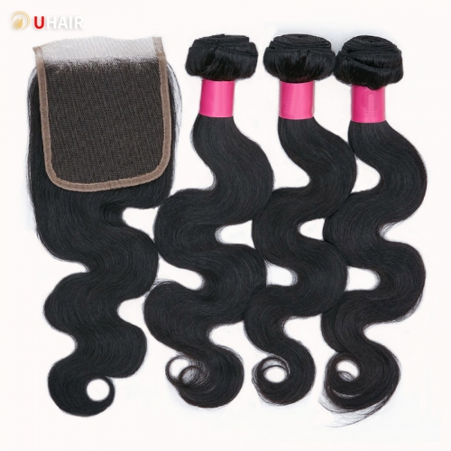 UHAIR Body Wave Human Hair 3 Bundles with 4x4 Free Part Lace Closure 100% Unprocessed Brazilian Extensions
