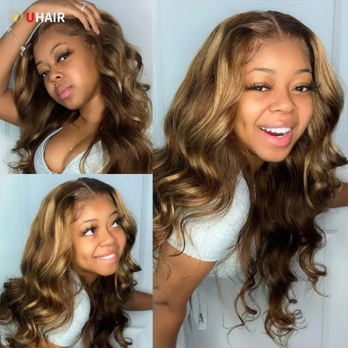 UHAIR 13x4 Lace Frontal Wig Highlights Hair High Density Mix Color Body Wave Glueless Lace Wig