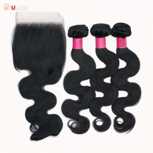 UHAIR 3 Bundles with a 5x5 HD Lace Closure Wig Body Wave 100% Unprocessed Virgin Weft Hair Extensions