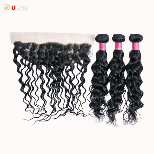 UHAIR Natural Wave 3 Bundles with 13x4 Lace Front Wig 100% Human Hair Extensions Deal