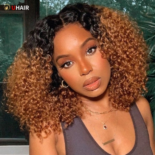 UHAIR 13x4 Lace Front Ombre Curly Wig Human Hair Wigs Dark Root Ginger Color Wig