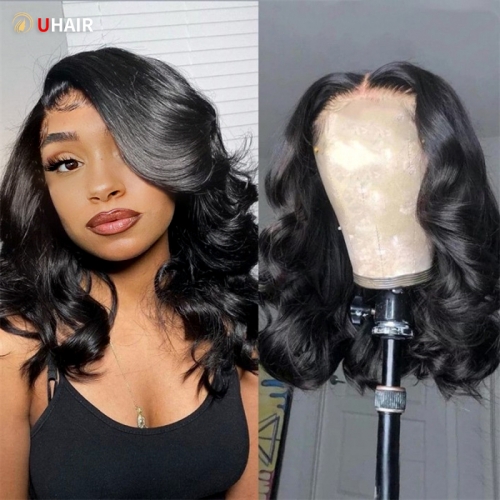 UHAIR 13x4 Lace Front Short Bob Wigs Human Hair Wavy 180% Density Wig