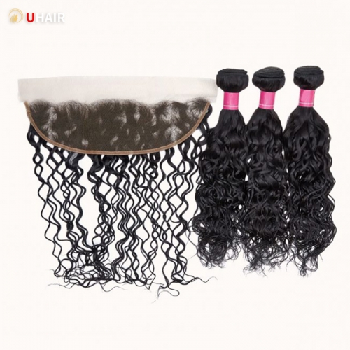 UHAIR Freetress Water Wave Hair 13x4 Lace Frontal with 3 Bundles 100% Human Hair Wig