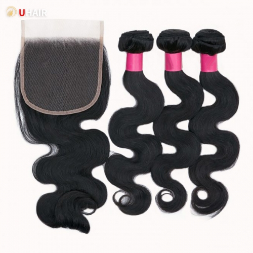UHAIR Body Wave Side Part 3 Bundles with 4x4 Lace Closure 100% Unprocessed Brazilian Sew in Human Hair Extensions