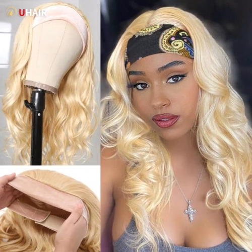 UHAIR 613 Blonde Color Pre-attached Scarf Glueless 150% Human Hair Headband Wig Natural Wave Wig