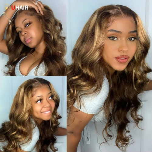 UHAIR Brown Highlight Glueless Body Wave 13x5x0.5 Lace Front Wig 150% Density Lace Frontal Human Hair Wigs