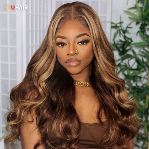 UHAIR 13x4 Lace #4/27 Ombre Colored Wigs Blonde Highlight Wig Body Wave Wig