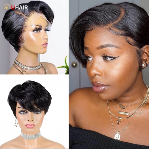 UHAIR Pixie Cut 150% Density Short Bob Lace Front Human Hair Wigs 13x6x1 Lace Frontal Wigs Side Part Wig with Baby Hair