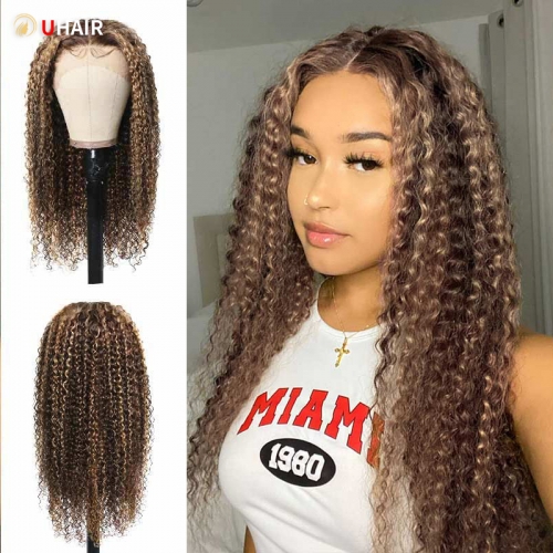 UHAIR Piano Honey Blonde 13x4 HD Lace Wig 180% Density Human Hair Jerry Curly Wig