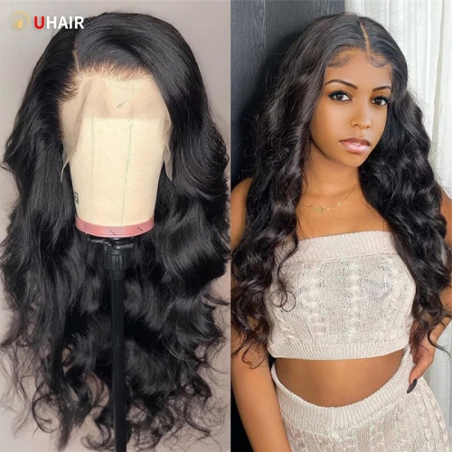 UHAIR Black 13x4 Lace Front Wig Body Wave 180% Density Pre plucked Human Hair Wigs with Baby Hair