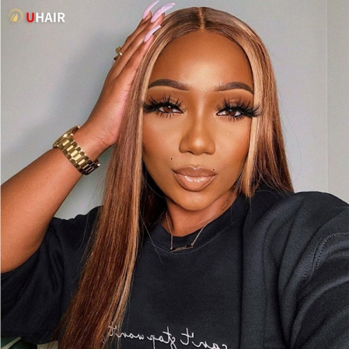 UHAIR 180% Density 4/27 Ombre 13x4 Lace Front Wigs Honey Blonde Straight Human Hair Wigs for Black Women