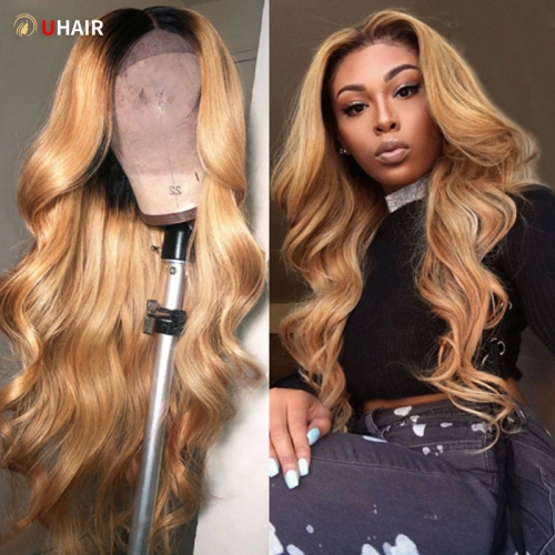 UHAIR 150% Density #27 Honey Blonde Curly Hair Body Wave Lace Front Wig