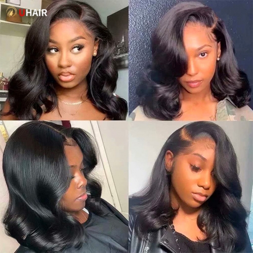 UHAIR Natural Black 150% Density Bob Wigs Human Hair Body Wave 13x4 Lace Frontal Human Hair Outlet Wigs