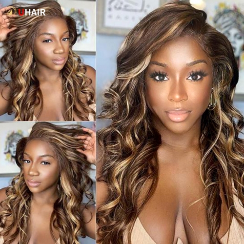 UHAIR Honey Blonde Curly Hair Highlights 13x4 Lace Front Wig 150% Density Body Wave Transparent Lace Wig