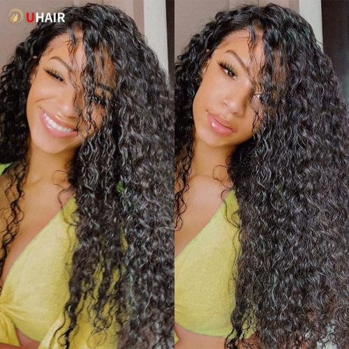 UHAIR Natural Black Jerry Curly 13x4 HD Lace Wig Human Hair 180% Density Wig