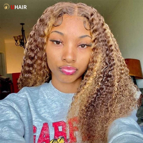 UHAIR Jerry Curly Piano Honey Blonde 4/27 13x6 Lace Front Wigs 180% Density Deep Wave Human Hair Wigs