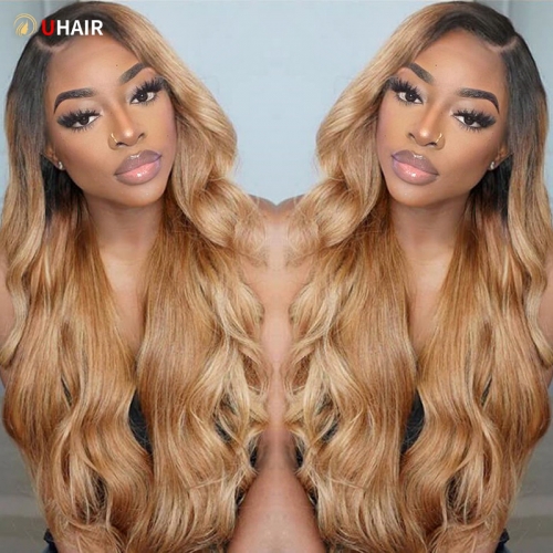 UHAIR Pre Plucked 1b/27 Hair Color Body Wave 13x4 Lace Front Wigs 150% Density Brazilian Virgin Human Hair Wig