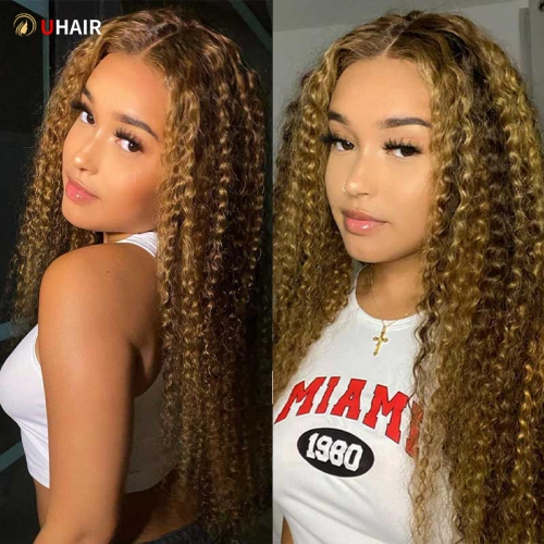 UHAIR 13x4 Lace Front Wig Human Hair 180% Density Piano Honey Blonde Jerry Curly Lace Frontal Human Hair Wigs