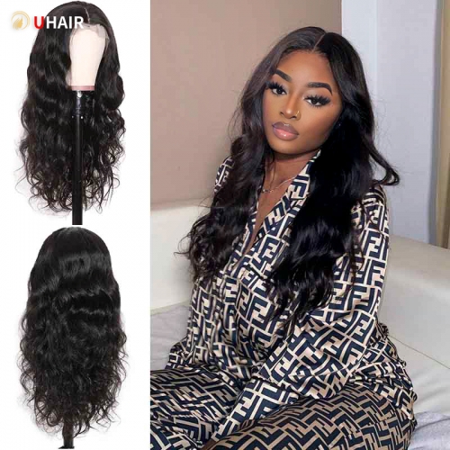 UHAIR Natural Black T Part Lace Wig 180% Density Body Wave Curls Human Hair Wig